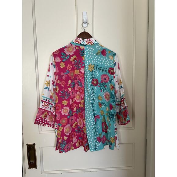 John Mark Floral Boho Button Blouse Womens Size Large Pink Blue Bright Colorful - Picture 2 of 8